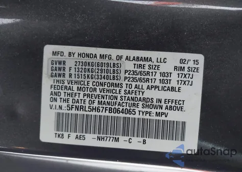 2015 Honda Odyssey Ex-L from USA, damaged, VIN 5FNRL5H67FB064065